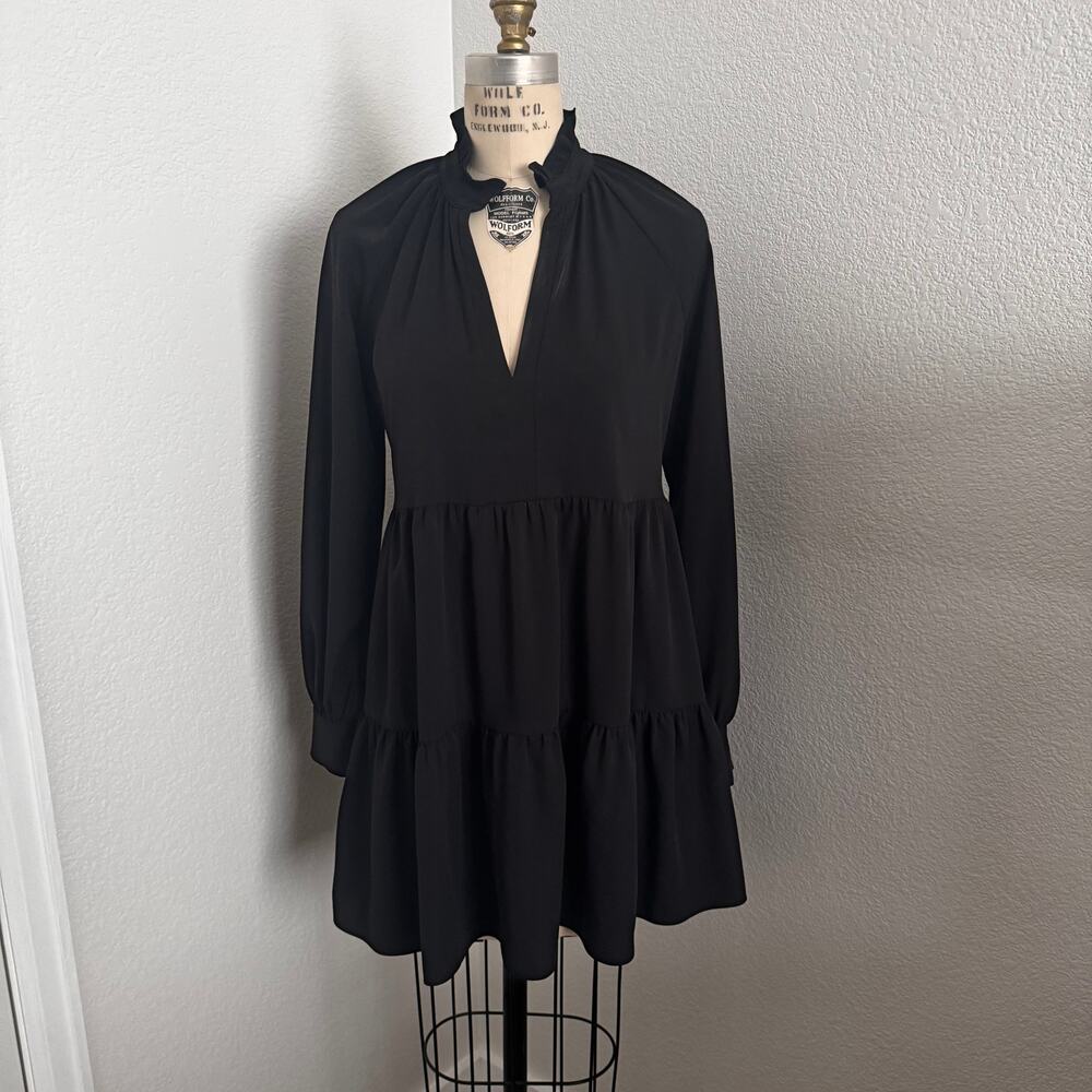Amanda Uprichard Black Saffron Long Sleeve Tiered Ruffle Mini Dress XS Cocktail